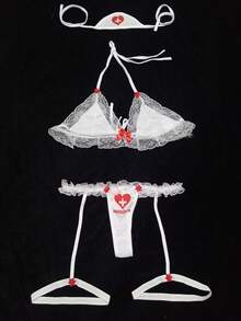 Fantasia Enfermeira com Viseira Sutiã Tanga e Cinta Liga Renda Luxo Lingerie Sexy - Branco - Visão 3