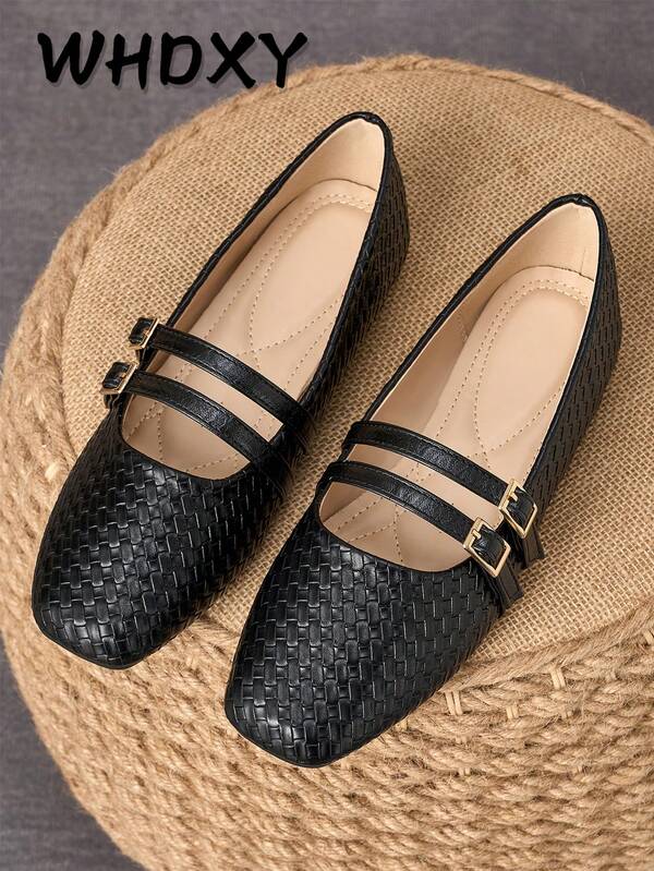 WHDXY Women's Fashion Mary Jane Shoes, Retro Woven Double Buckle Design, Square Toe Low Heel Slip-On Shoes, Versatile For Commuting, Daily Wear, Work, Dating