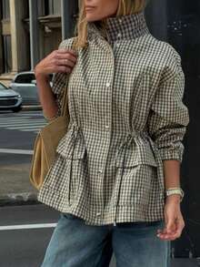Women's Plaid Knit Fabric Stand Collar Zipper Long Sleeve Regular Jacket, Suitable For Autumn And Spring Wear - Black and White - View 1