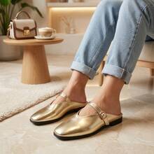 Women's Block Heel Slip-On Sandals, Metal Geometric Rivet Buckle Decor, Crocodile Embossed Glossy Pattern, Block Heel Slide, Rhinestone Studded Chunky Square Heel, Low Heel Outdoor Wear, Luxury Elegant Style, Spring Summer Shopping Date Gold, Metallic Glossy Embossed Leather Material, Chunky Heel Slide - Gold - View 3