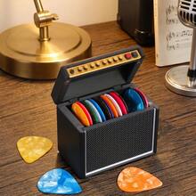 Caja almacenamiento púas guitarra diseño 3D vintage, tapa abatible, incluye púas surtidas para músicos - Altavoz negro con tapa abatible + guitarra de madera - Ver 9