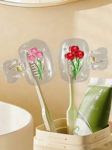 Tulip Flower Shaped Toothbrush Holder - Cute Design, Suitable For Home And Travel Storage; Equipped With Transparent Cover, Compact And Portable, Easy To Carry; Protects Toothbrush Bristles, Features Dual Drainage And Ventilation Functions; Suitable For Home, Dormitory And Travel Scenarios | Cute Toothbrush Head Storage Rack, Suitable For Bathroom Storage, Home And Dormitory - Multicolor - View 4