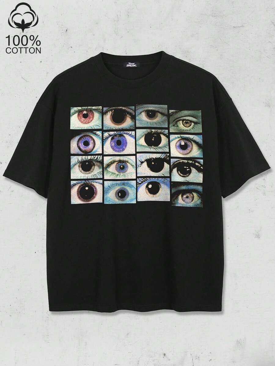 Tiny Spark Herren Lässig Augenmuster Kurzarm T-Shirt Sommer - Schwarz 3 - Übersicht 1