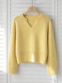Women's Raglan Small V-Neck Knitted Top, Short Length, High Waist, Ribbed Hem, Soft Skin-Friendly, Spring/Autumn Casual Long Sleeve Base Layer Sweater - Yellow - View 1