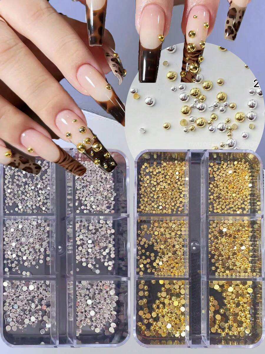 1 Box 6-Grid Metal Half-Round Decorative Studs Japanese Punk Style Y2K Nail Art Decorations DIY Small Dot Rice Grain Nail Decor Nail Charms - 彩色 - 查看 1