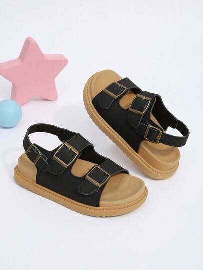 1 đôi sandal bệt mùa hè cho trẻ em, màu đen và nâu cổ điển, sandal đi biển đa năng, khóa cài màu vàng đồng điều chỉnh được, phong cách đơn giản thường ngày, phù hợp đi du lịch, đến trường, phối đồ và vui chơi ở công viên