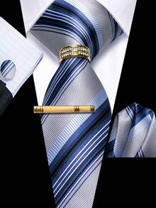 5Pcs Business Blue Wide Striped Men Accessory Set, Necktie Pocket Square Cufflinks Tie Clip Detachable Ring, Random Cufflink Patterns - Blue - View 1
