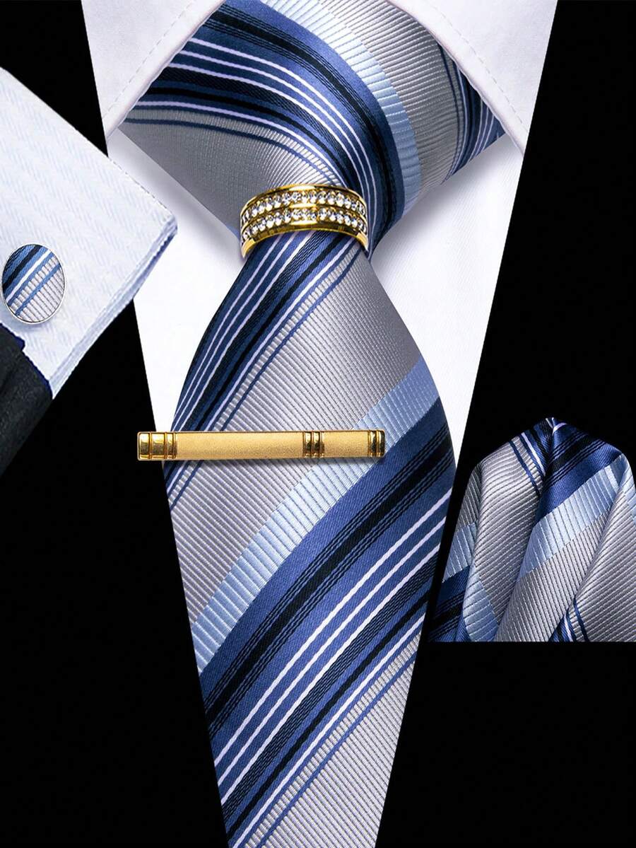 5Pcs Business Blue Wide Striped Men Accessory Set, Necktie Pocket Square Cufflinks Tie Clip Detachable Ring, Random Cufflink Patterns - Blue - View 1