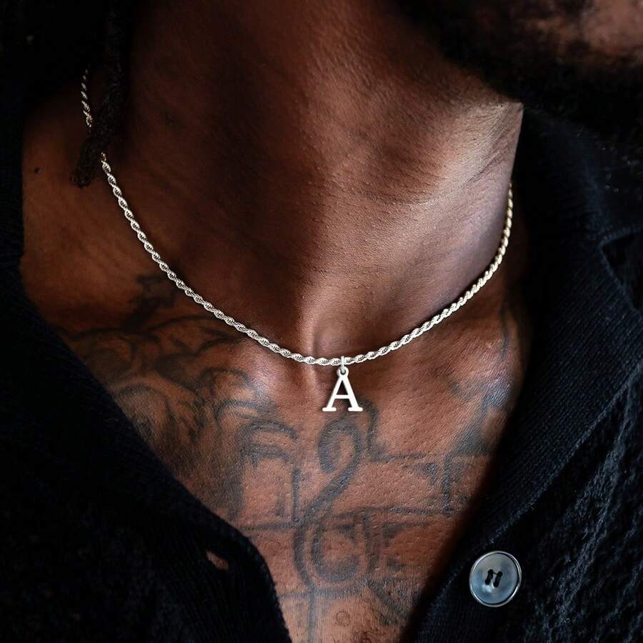 1pc New Simple Initial Pendant Gold Color Stainless Steel Chain Necklace For Men - Silver - View 1