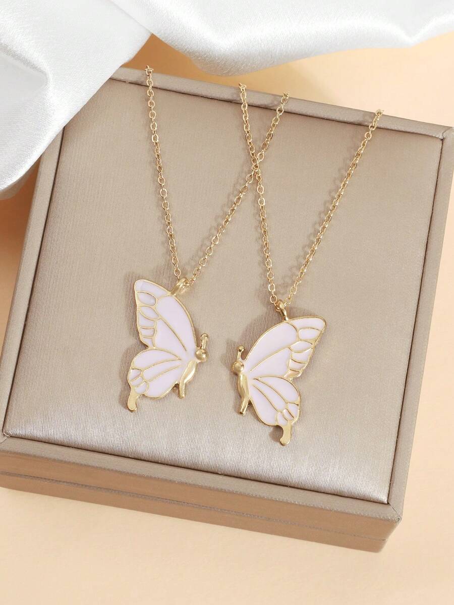 2 piezas/Set Collar de Mariposa de Doble Tono con Efecto de Goteo de Aceite, Cadena Creativa INS para Clavícula, Lindo & Versátil - Multicolor - Ver 1