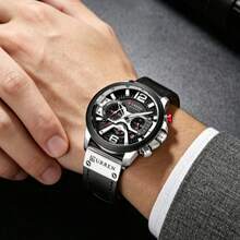 1pc Fashion New Men's Leather Strap Chronograph Mechanical Watch - Silver - View 4