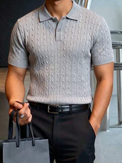 Men's Casual Classic Cable Knit Regular Shoulder Polo Collar Short Sleeve Top, Suitable For Summer