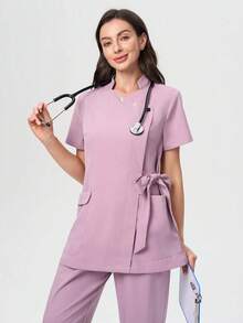 Pink Mandarin Collar Short Sleeve Multi-Pocket Scrub Set, Suitable For Housekeepers, Beauticians, Maternity Centers Spring Fall - Pink - View 12