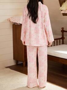 Gongdie 2 Pieces Snoopy Women Pajama Set,Spring Fall Soft Comfortable With Drop Shoulder Long Sleeve & Wide Leg Pants Loungewear - Pink - View 5