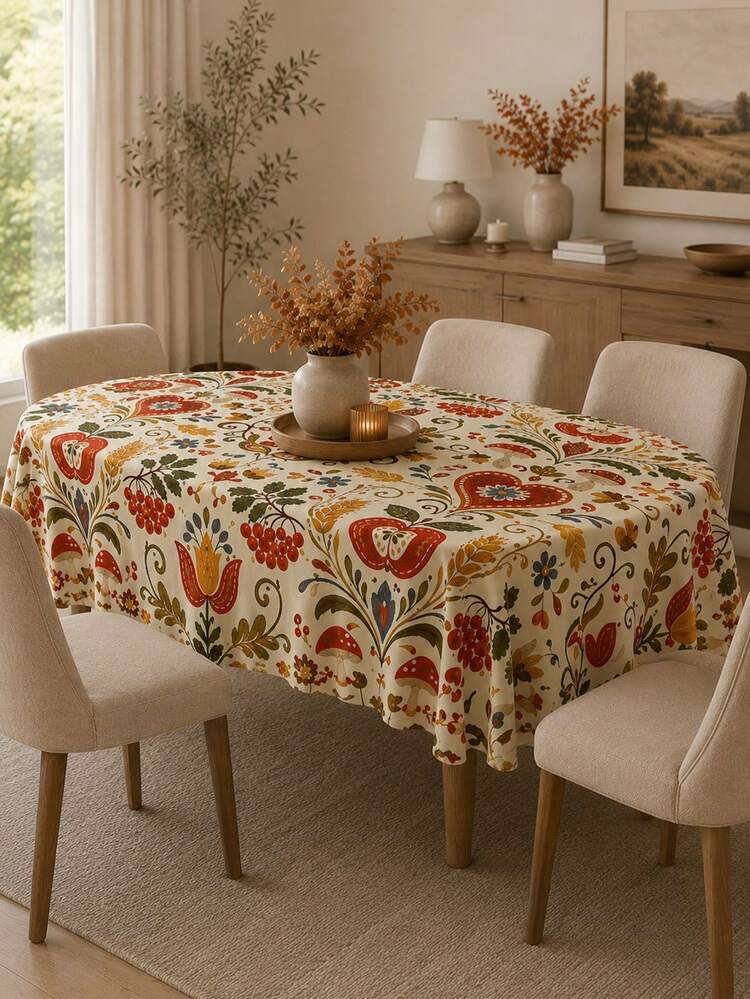 1pc-Fall Thanksgiving Tablecloth, Folk Art Vintage Apple Berry Floral Mushroom Print Table Cover, Rustic Farmhouse Autumn Harvest Decor For Kitchen Dining Room, Dinner Party, Wrinkle Resistant Reusable Seasonal Home Decor - Multicolor - View 1