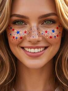ملصقات وشم مؤقتة للنمش، 6 قطع وشم وجه بنمط ونجمة وقلب ونمش، تصميم نقاط ونجوم متلألئة باللون الأحمر والأزرق والذهبي، مقاوم للماء وطويل الأمد، جمالية Y2K Coquette Festivalcore، للفتيات والنساء، للعطلات - متعدد الألوان - مشاهدة 5