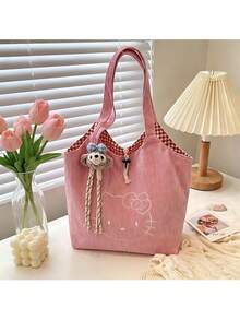 SANRIO Hello Kitty Pink Corduroy Tote Bag With Embroidery & Red Gingham Lining, Secure Toggle Closure. Roomy For Books, Wallet & Daily Essentials, Soft Durable Fabric. Plush Charm Not Included, Ideal For School, Work, Shopping & Gifting.,Back To School - Baby Pink - View 4