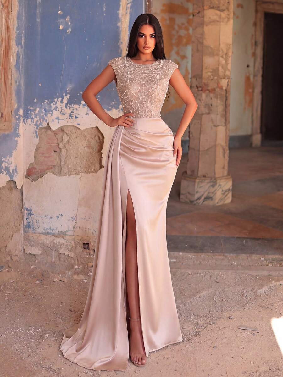 Elisanya Women's Elegant Long Sequin Dress, With Cap Sleeves, Round Neck, Slit Hem And Pleated Design Party Wedding - Champagne - View 1