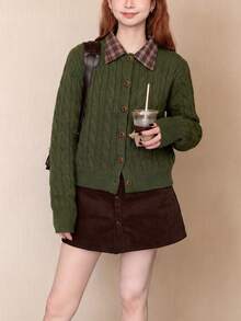 Women's Casual Retro Cable Knit Collared Cardigan Sweater Jacket, Autumn/Winter Fall - Green - View 4