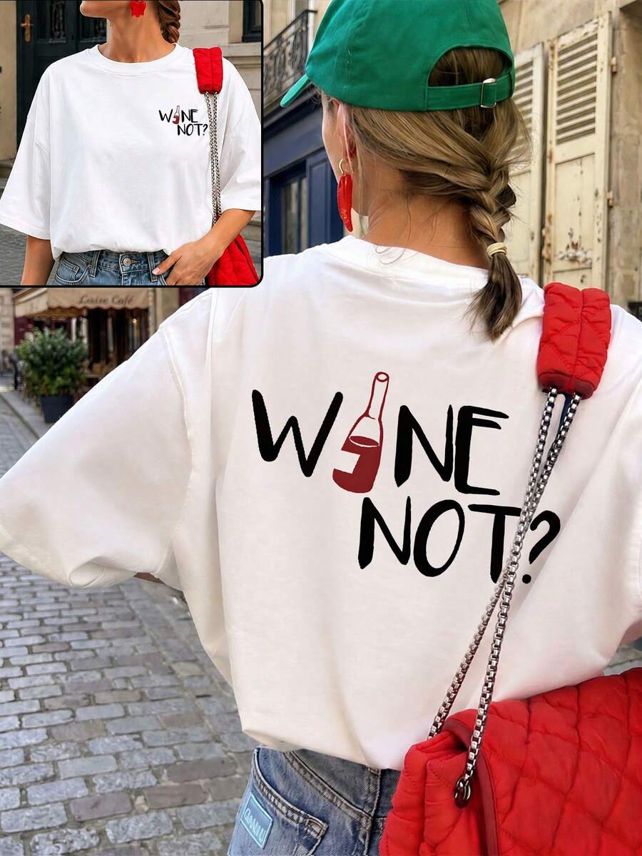 Es Trus Plus 大尺碼女款夏季寬鬆復古「Cartoon-Why Not?」字母圖案印花街頭嘻哈T恤,韓系復古做舊休閒風 - 白色 - 查看 1