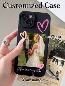 1pc Customized Romantic Couple Photo Doodle Sweet Pink Heart Personalized Signature Phone Case, Suitable For Couples, Friends, Besties, Family, Etc., Black Soft Full Coverage Protective Shell Compatible With Samsung, Apple 13 14 15 14C A14 A15 16A A34 A35 A36 A53 A54 A55 A56 S25 S24 S23 S22 S21 S20 Ultra 16 Pro Max - Multicolor - View 3
