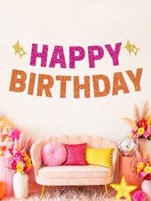 1pc Pink And Orange Glitter Happy Birthday Banner With Gold Stars, Bright Color Birthday Party Garland, Suitable For Girls And Women, Summer Birthday Party Decoration, Photo Backdrop, Dessert Table Party Supplies - Hot Pink Orange - View 5