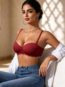 Women's Red Small Chest Push UP Bras, Seamless & Wireless Bralette, Solid Color Simple Daily Wear Brassiere With Soft & Thick Palm Cup - Burgundy - View 3