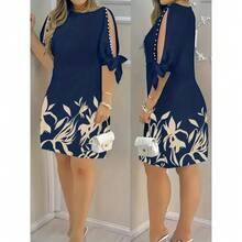 Vestido de mujer con estampado floral, mangas con volantes y adornos de perlas falsas, adecuado para vacaciones de primavera, us - Negro - Ver 10