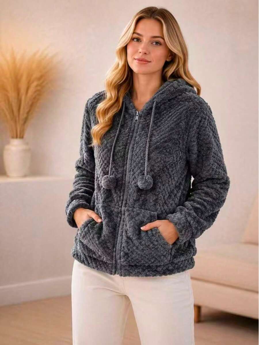 Women's Fleece Sweatshirt With Hood - Gray 11 - View 1