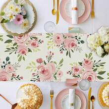 1pc Watercolor Pink Rose Table Runner, Green Leafy Floral Print Country-Style Table Runner, Wedding And Bridal Party Decoration Long Table Cloth, Suitable For Kitchen Parties And Home Decor - Pink - View 6