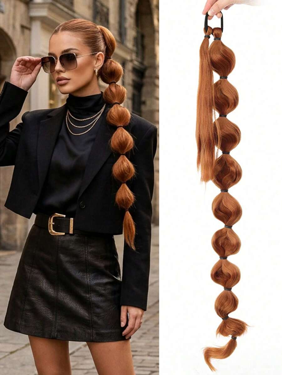 Brown Bubble Ponytail Hair Extension For Women, Long Wavy Synthetic Wrap Around Ponytail Hairpiece, Voluminous Bubble Braid Hair Extension For Parties, Cosplay, Weddings And Daily Wear, Halloween - Multicolor - View 1