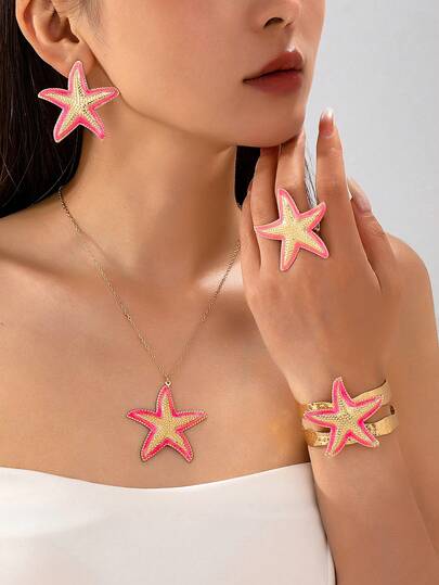 4pcs Fashionable Exquisite Summer Beach Vacation Style Colorful Dopamine Starfish Necklace, Ring, Bracelet, Earring Set, Suitable For Women's Daily Wear