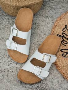 Women's Soft Cork Thick Sole Double Buckle Flat Slippers - White - View 4