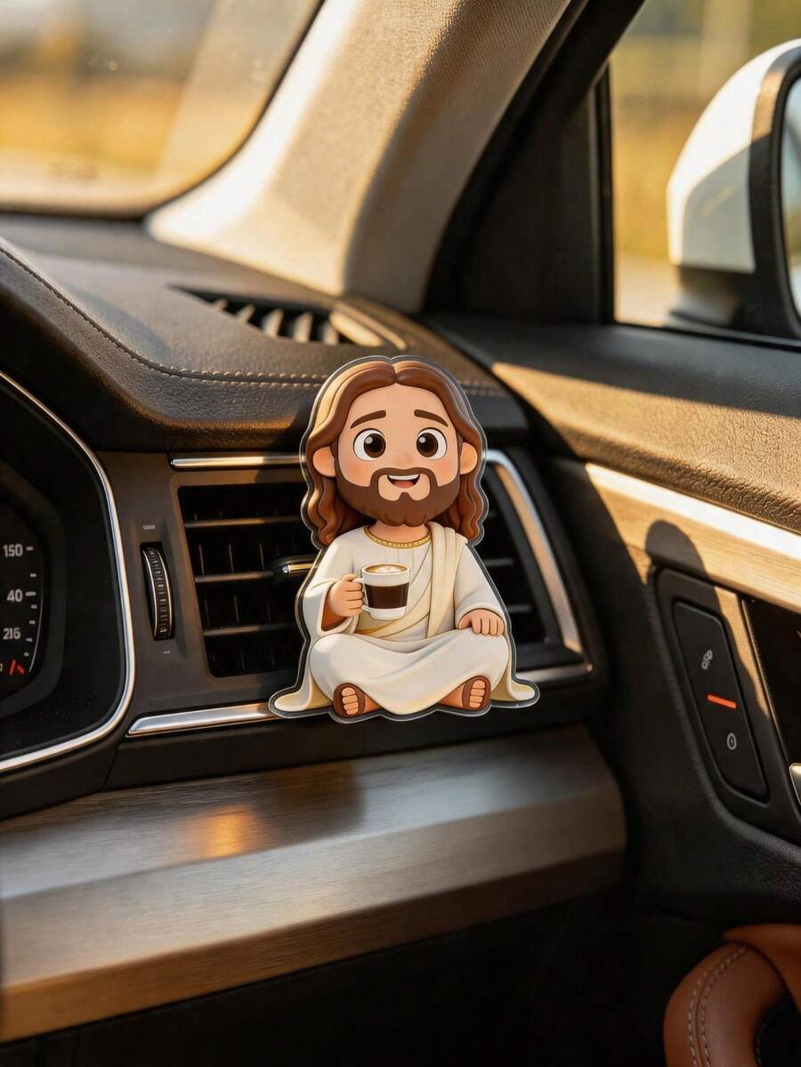 1pc Funny Jesus Holding Coffee Cup Car Air Vent Clip, 2D Acrylic Jesus Figurine Car Interior Decor, Creative Jesus Holding Coffee Cup Car Ornament, Unique 2D Religious Decoration, Suitable Gift For Religious Believer Drivers, Neutral Cute Car Accessory, Funny Birthday Gift For Christian Friends And Coffee Lovers