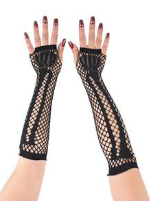 Halloween Spider Web Lace Long Fingerless Gloves Black Mesh Elastic Arm Warmers Party Cosplay Decoration - Black - View 4