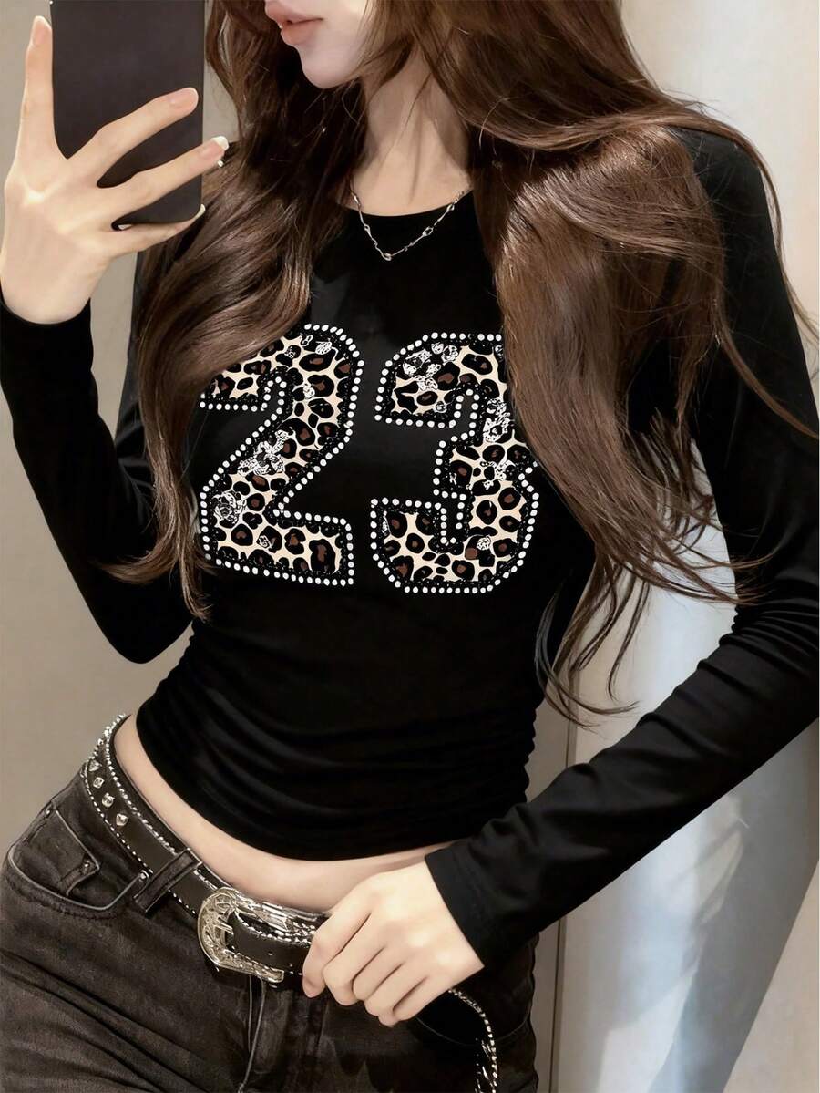 Women's Round Neck Long Sleeve T-Shirt, Spring/Autumn New Leopard Print Digital Pattern, American Hot Girl Style, Fashion Casual Versatile Slim Fit Cropped Top - Black - View 1