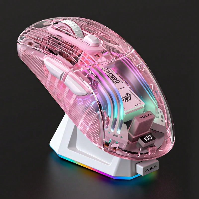 AULA SC630Pro Transparent Wireless Mouse Tri-Mode 2.4G Bluetooth Wired Gaming Mouse With Magnetic Charging Dock RGB Backlight Original AULA Office Game Mouse - View 1