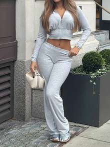 GLAMSKIN Women's Autumn Mixed Gray 2 Pieces Set, Zipper Hooded Ruched Top + High Waist Wide Leg Pants, Sporty Casual Loungewear Set - Light Gray - View 9