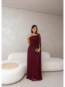 Long, One-Shoulder Party Dress In Dark Nude, Flowing Style, For Bridesmaids/Dates/Graduations/Guests. - Redwood - View 1