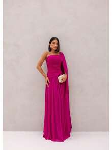 Long, One-Shoulder Party Dress In Dark Nude, Flowing Style, For Bridesmaids/Dates/Graduations/Guests. - Rose Red - View 2