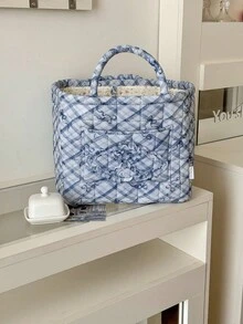 1Pc Bow Knot Quilted Storage Basket, Foldable Large Capacity Bag With Handle, Multifunctional Organizer For Cosmetics, Toys, Laundry & Home Decor - Multicolor - View 8