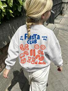 青少年女孩圓領運動衫，背面趣味義大利麵圖案套頭衫，休閒上衣，適合女孩春季秋季校園穿著 - 淺灰色 - 查看 9
