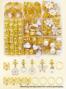 55pcs Pure White Romantic Garden Hair Rings With Pearl, Heart, Butterfly, Daisy & Camellia - Elegant Adjustable Hair Cuffs For Women's Dreadlocks - Gold - View 1