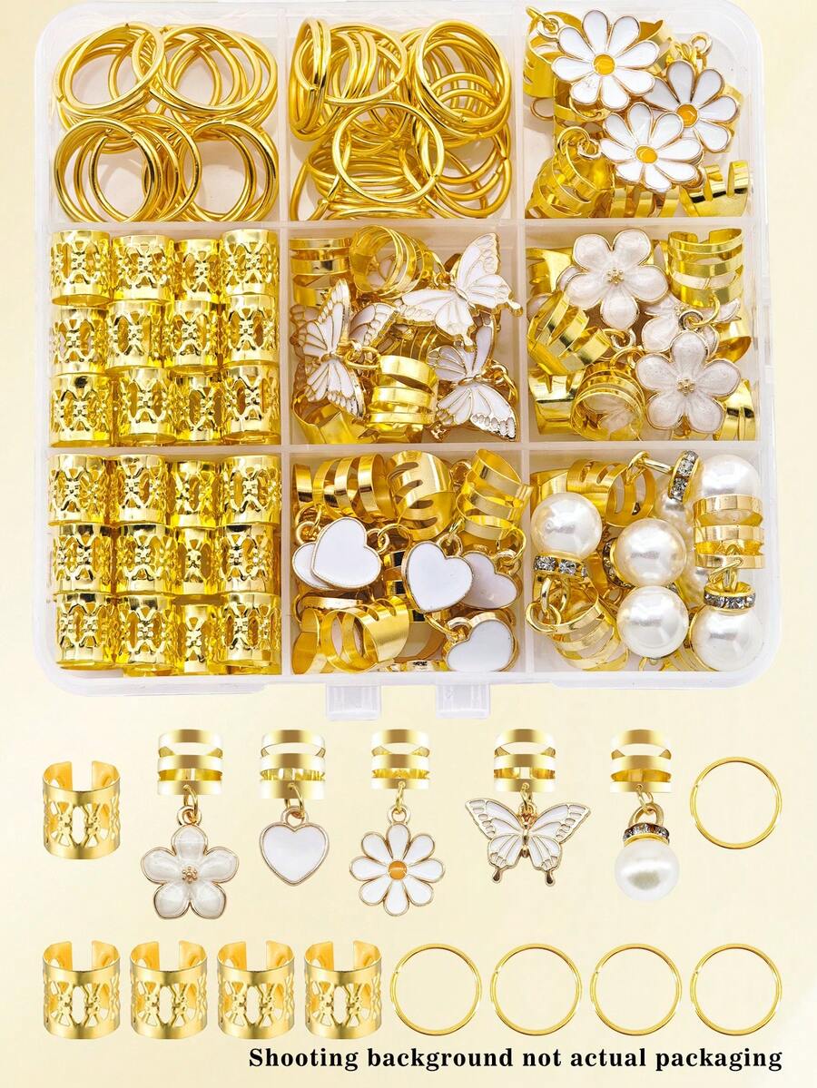 55pcs Pure White Romantic Garden Hair Rings With Pearl, Heart, Butterfly, Daisy & Camellia - Elegant Adjustable Hair Cuffs For Women's Dreadlocks - Gold - View 1