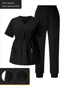 V-Neck Solid Color Slimming Short Sleeve Commuter Spring/Summer Women's Suit, Ladies' Commuter Business Professional Work Outfit Black Fall - Black - View 13