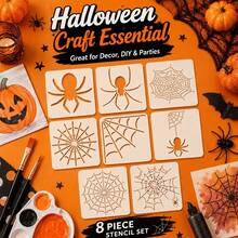8pcs Spider & Web Pattern Stencils - Reusable DIY Painting Templates, Suitable For Halloween Decor, Art Projects, Wall Carving, Handmade Design, Fabric Printing & Home Decoration - Halloween - View 1