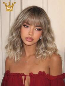 14 Inch Ombre Chestnut Brown Ombre Ash Blonde Wavy Bob Synthetic Wig With Bangs, Heat Resistant High Temperature Fiber Natural Looking For Women Daily Dating Party - Multicolor - View 6