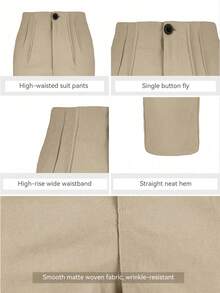 ROSIE POPHUB Women Apricot Elegant High Waist Pleated Straight Leg Pants Single Button Slim Fit Office Work Trousers For Daily Commute Fall Winter - Apricot - View 8
