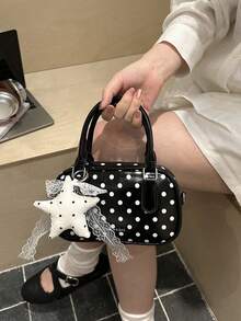 波點迷你波士頓手提包，附星星蕾絲吊飾、頂部手柄與可拆卸斜背帶，可愛日常單肩包 - 黑色 - 查看 3