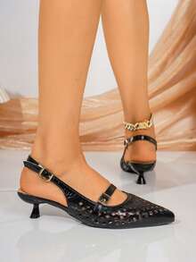 Shiny Rhinestone Bow Silver Elegant Pointed Toe Slimming Women's High Heel Slip-On Slouchy Chunky Heel Pumps - Black - View 5